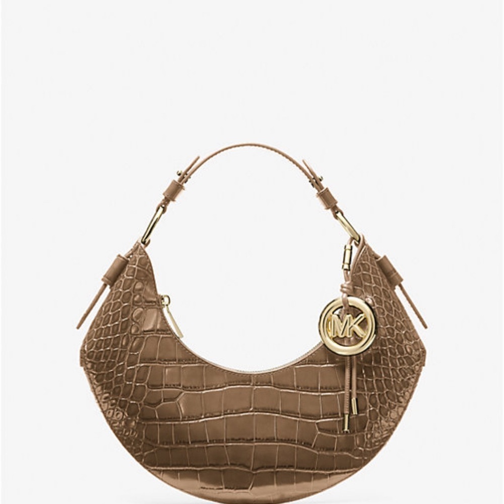 Michael Kors Taupe Croc-Embossed Crescent Hobo with Gold Hardware